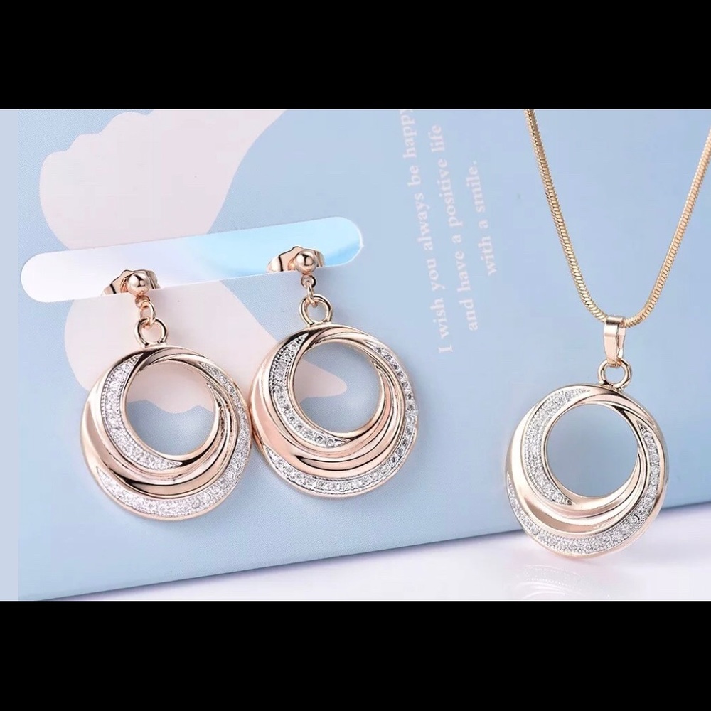 18k Gold Filled Round Pave Crystal Dangle Drop Disc Earrings Necklace SET